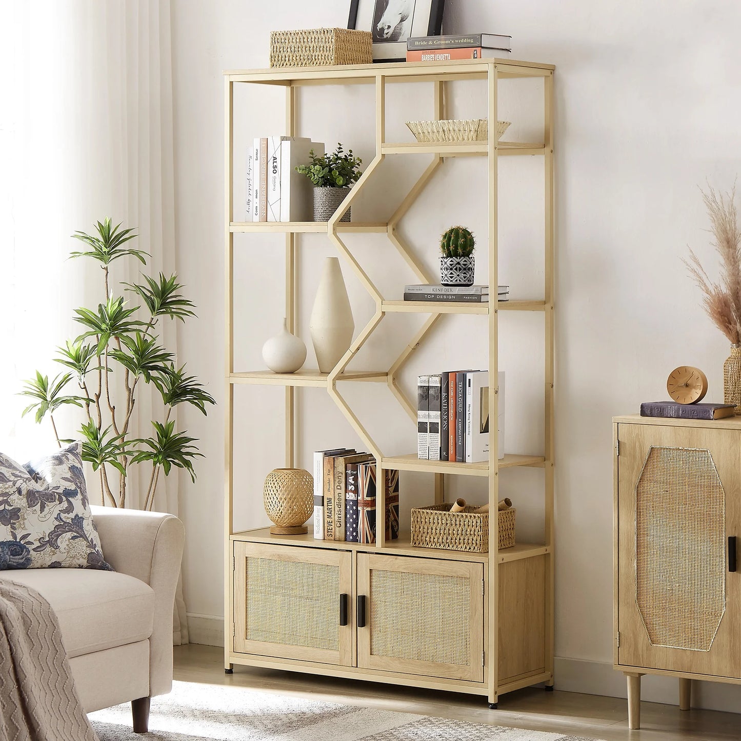 Bookshelf Storage Rack with Cabinet for Living Room Home Office, Natural