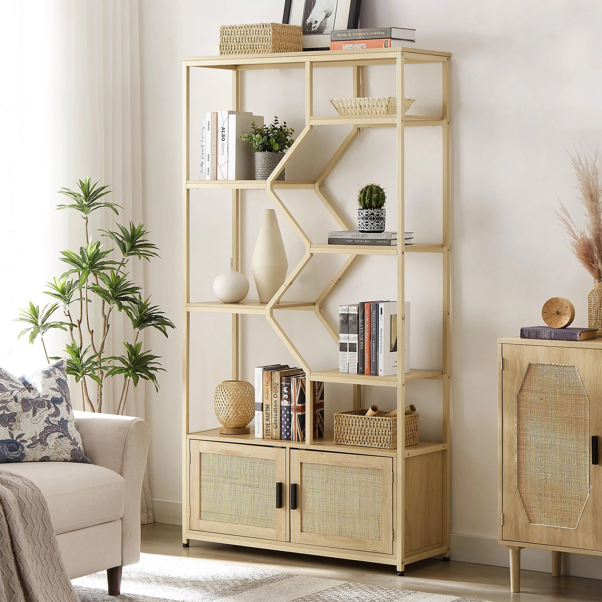 Bookshelf Storage Rack with Cabinet for Living Room Home Office, Natural