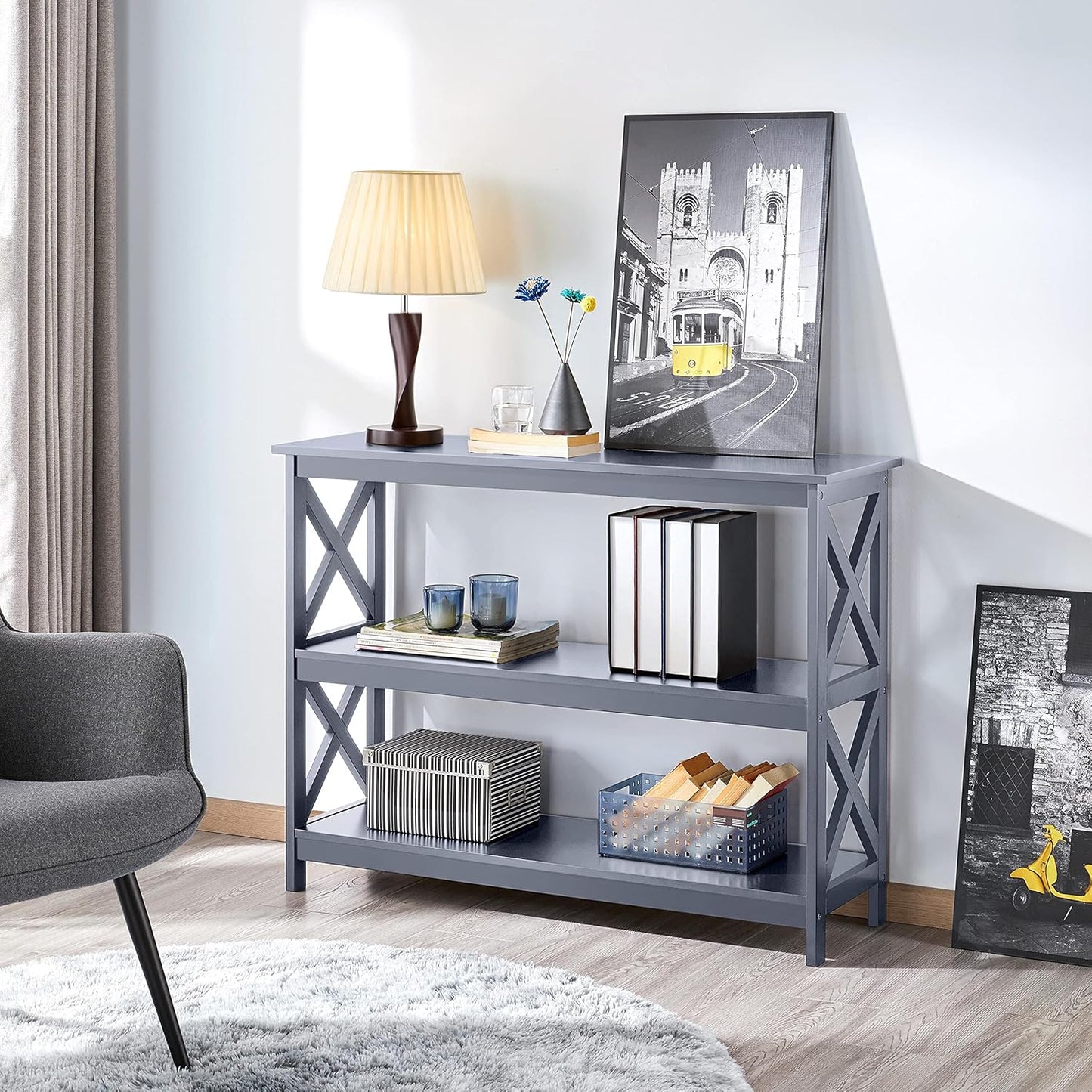 Console Table with 3 Storage Shelves, Entryway Table Sofa Side Table Narrow Long Bookshelf for Hallway Living Room