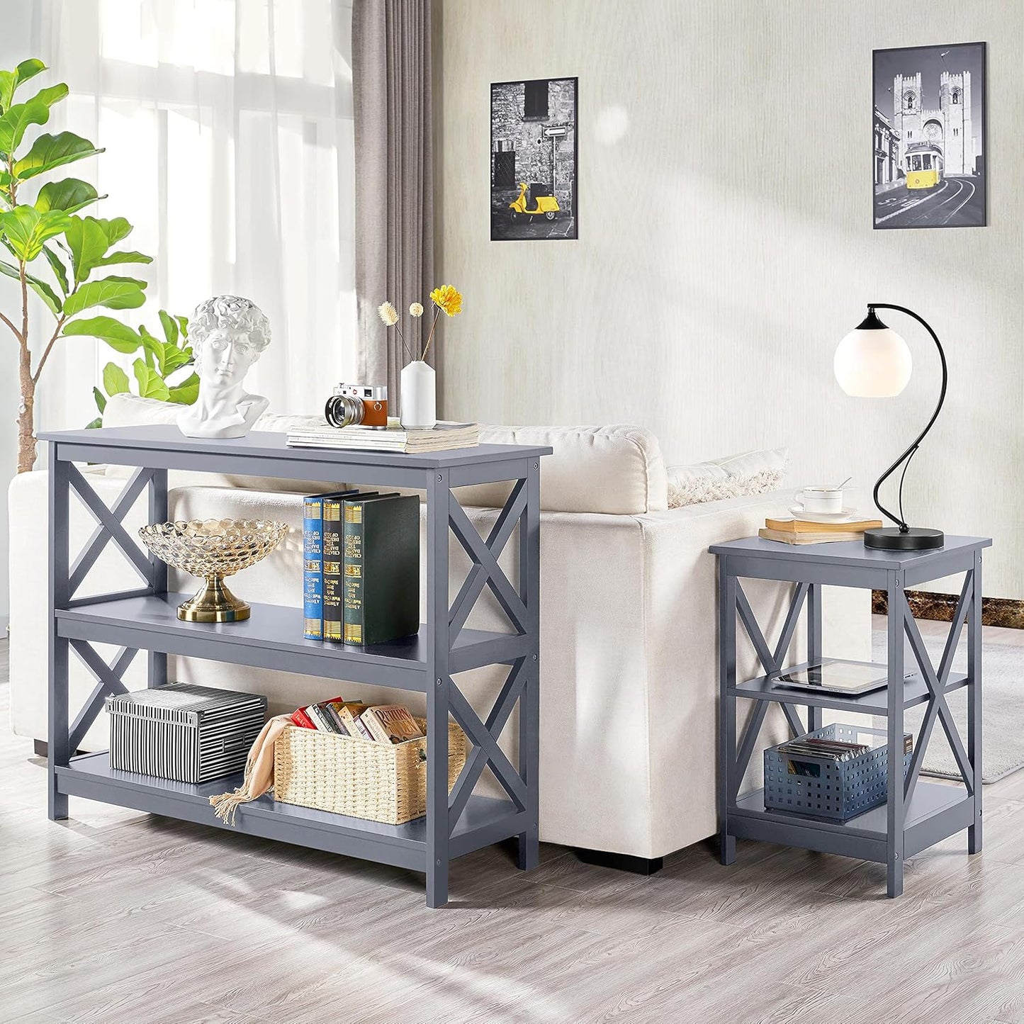 Console Table with 3 Storage Shelves, Entryway Table Sofa Side Table Narrow Long Bookshelf for Hallway Living Room