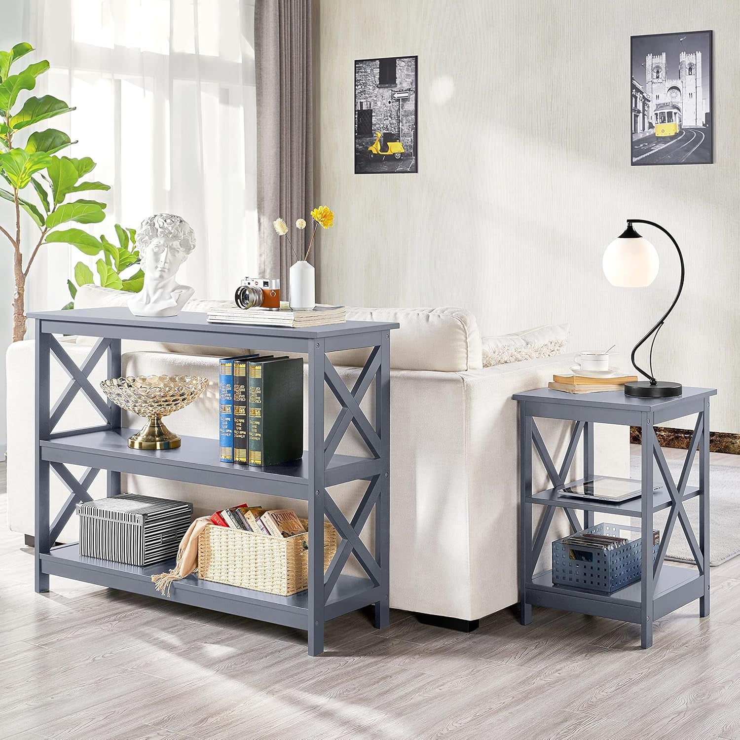 Console Table with 3 Storage Shelves, Entryway Table Sofa Side Table Narrow Long Bookshelf for Hallway Living Room