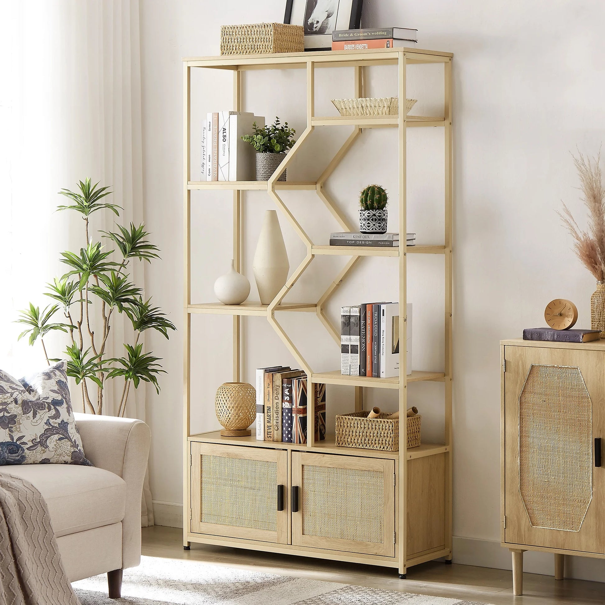 Bookshelf Storage Rack with Cabinet for Living Room Home Office, Natural