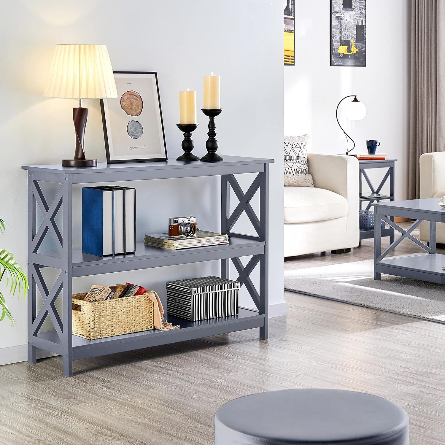Console Table with 3 Storage Shelves, Entryway Table Sofa Side Table Narrow Long Bookshelf for Hallway Living Room