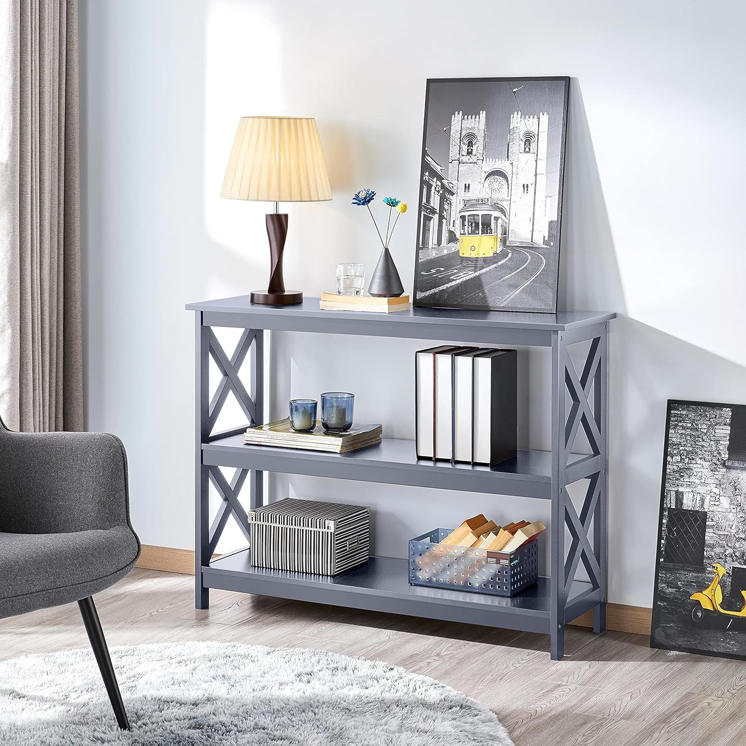 Console Table with 3 Storage Shelves, Entryway Table Sofa Side Table Narrow Long Bookshelf for Hallway Living Room
