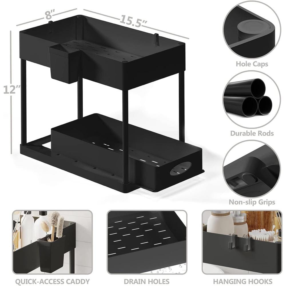 2-Tier Black Sliding under Sink Organizer Storage Cabinet Basket Drawer