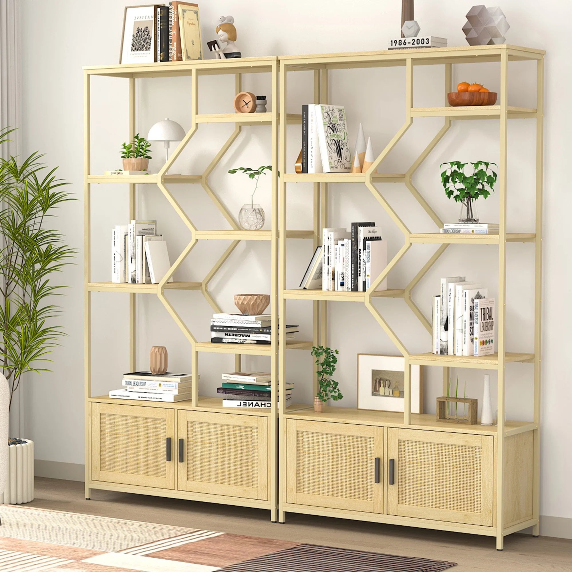 Bookshelf Storage Rack with Cabinet for Living Room Home Office, Natural