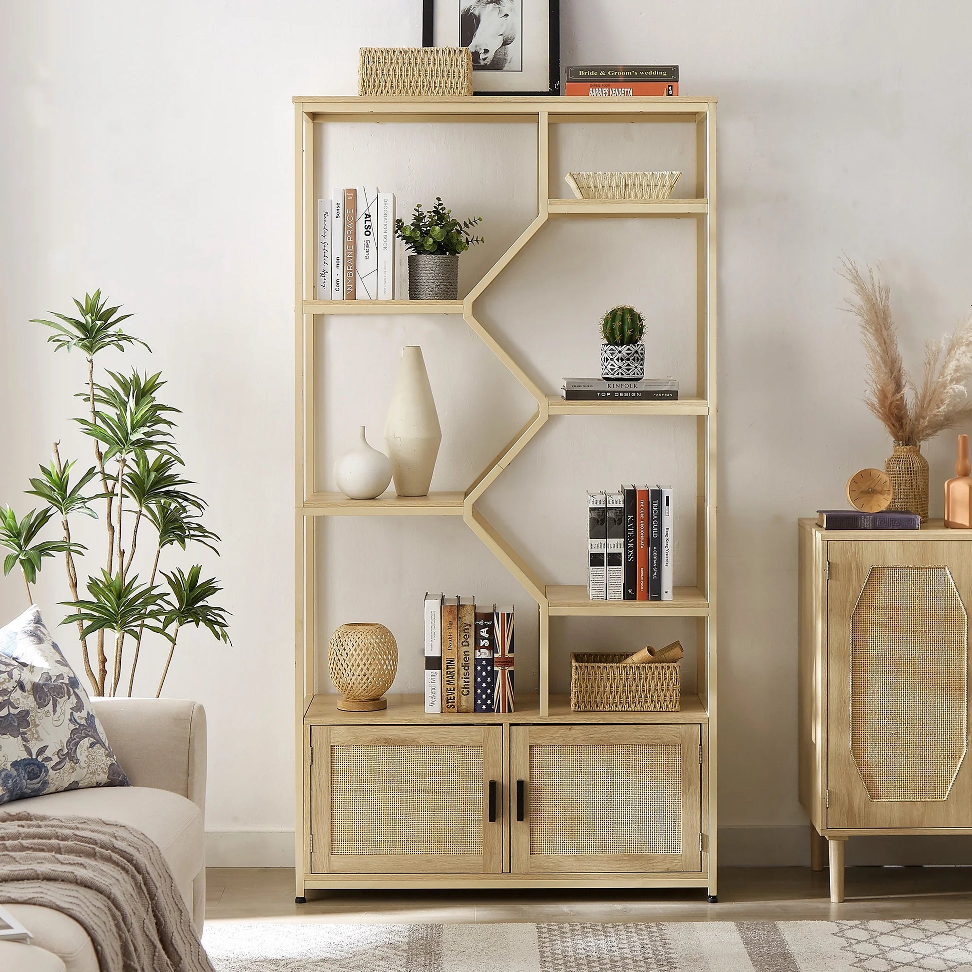Bookshelf Storage Rack with Cabinet for Living Room Home Office, Natural